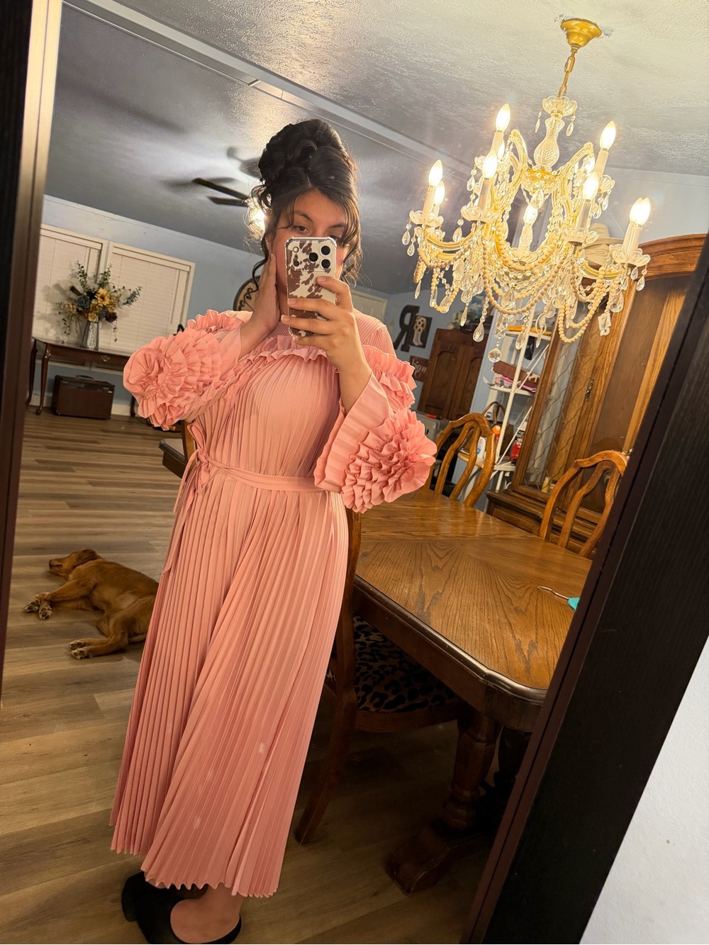 Pink Pleated Long Dress with Ruffle and Floral Sleeve Detail - Picture 5 of 6